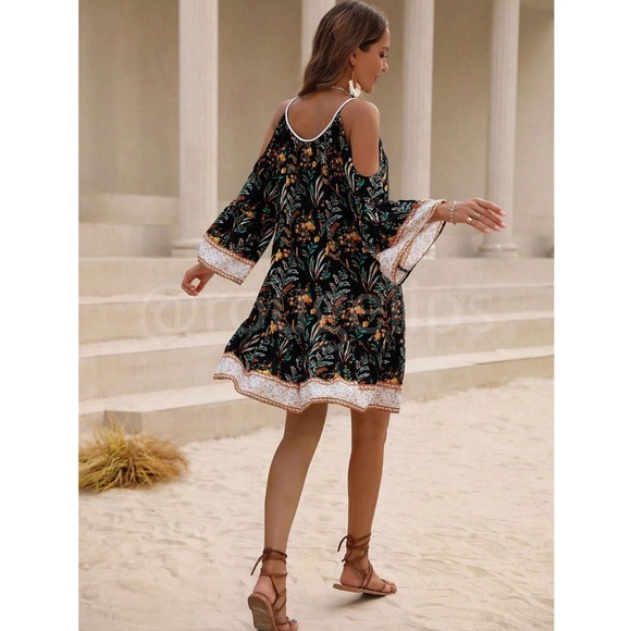 Black Cold Shoulder Tassel Detail Loose Fitting Mini Dress Short Floral Print - Picture 4 of 7